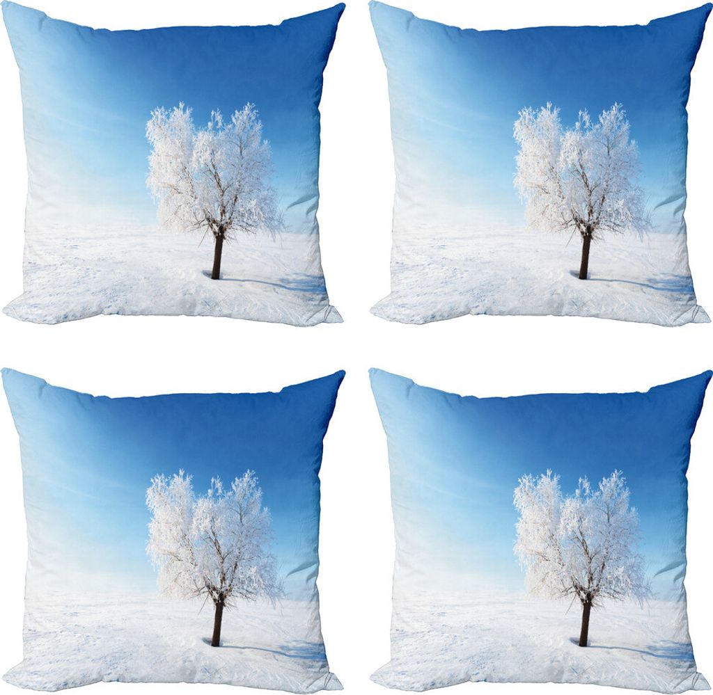 ABAKUHAUS Winter Kissenbezug Set (4 Stück), Schnee bedeckter Alleinbaum, Moderner Doppelseitiger Digitaldruck, 50 cm x 50 cm, Blau Weiss