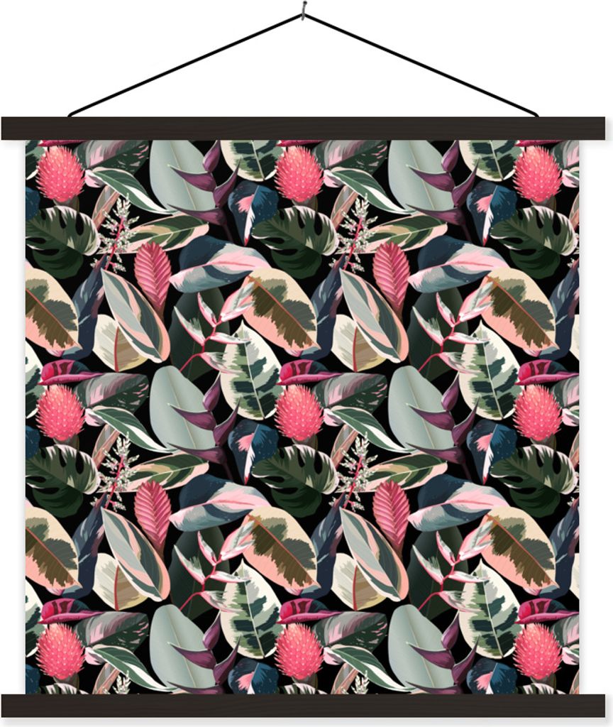 MuchoWow Textilposter Tropisch - Blätter - Rosa 90x90 cm mit schwarzem Rahmen - Magnetisches