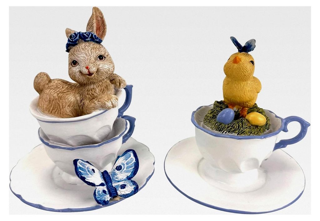 Dekofiguren Hase und Küken in Tassen mit Schmetterlingen - Frühlings- und Osterdeko aus langlebigem Polyresin mit feiner Bemalung