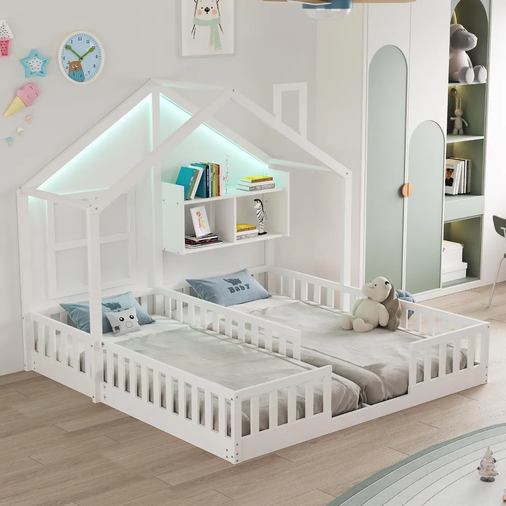 Lit Cabane Lumineux avec LED et Barrières de Sécurité Blanc 90x200cm