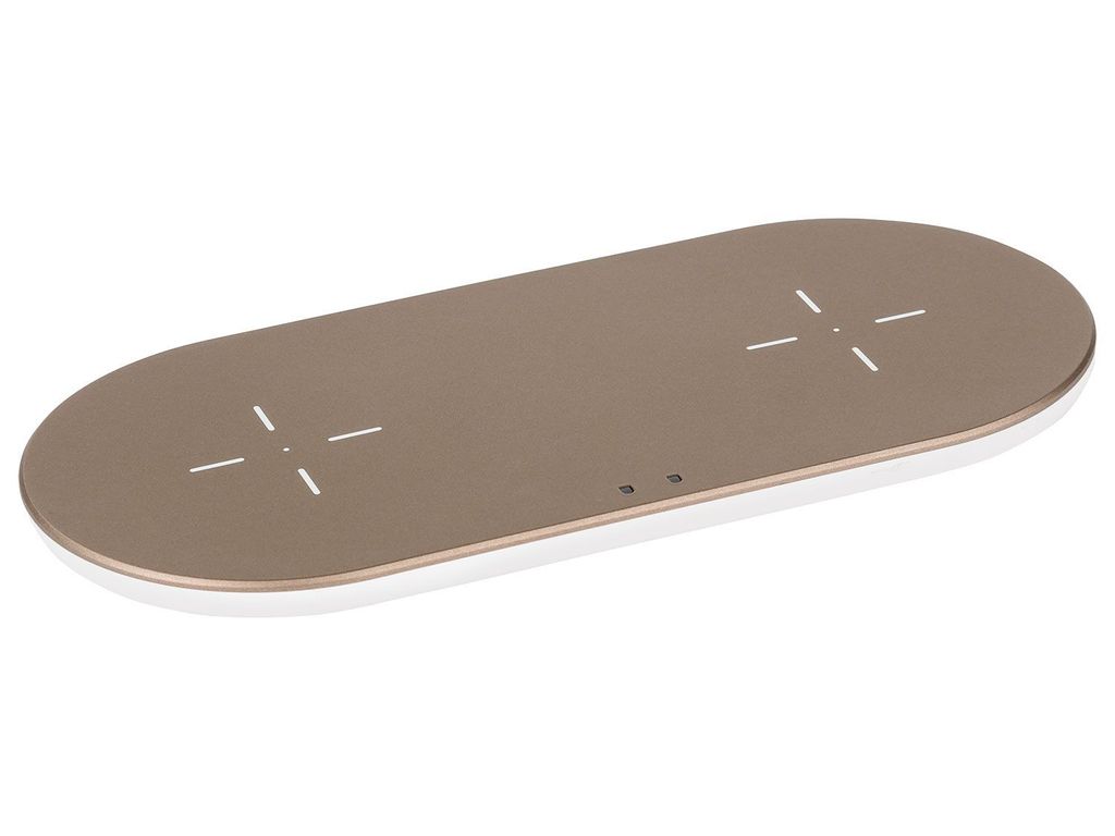 A gold and white dual wireless charging pad is shown on a white background.
