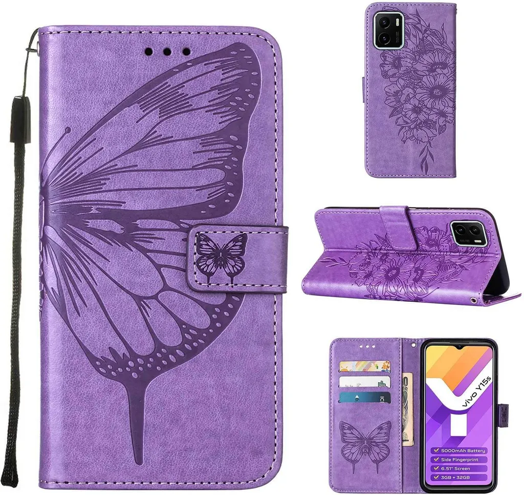 Custodia VIVO Y15S 2021 Viola | Cover a Libro Farfalla in Pelle