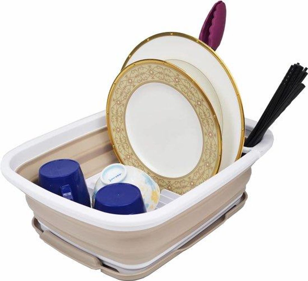 Kunststoff-Ausgussregal mit Ausguss, faltbarer Wäscheständer, tragbarer Servierwagen, Raumsparender (Weiß/Latte, 1)