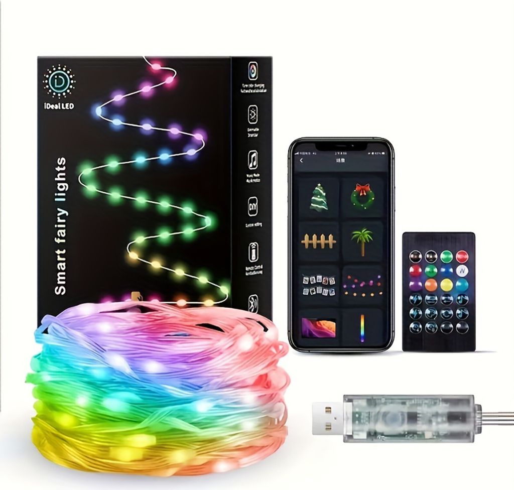 iDeal LED Bunte USB LED Deko Lichterkette mit App-Steuerung, bluetooth-Fernbedienung, IP66 Wasserdicht, Typ: 10m 100 Lampenperlen