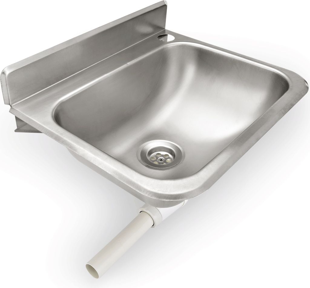 A stainless steel handwashing sink mounted on a wall with a drain pipe attached.