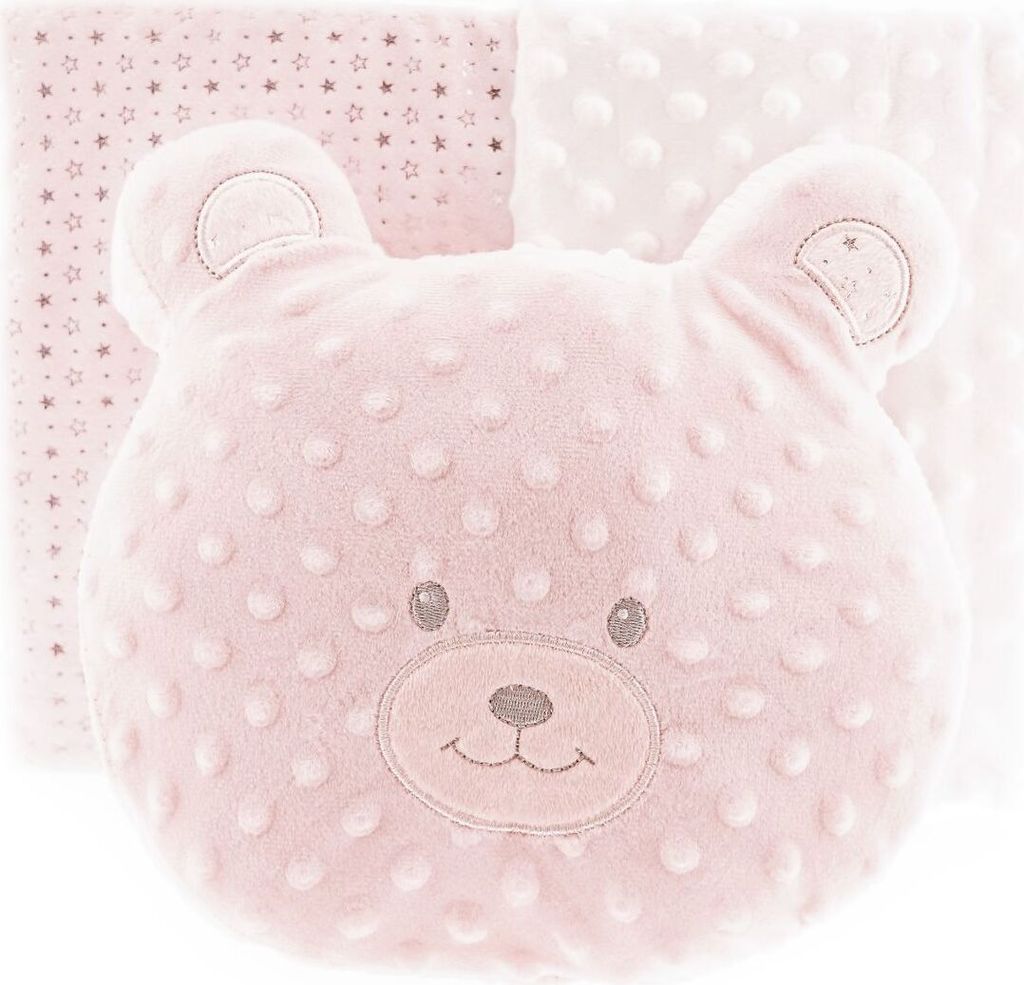 Almina Babydecken-Set mit Bärenkissen Zweilagige Babydecke aus Polyester Sternenmuster 100x80 cm Rosa