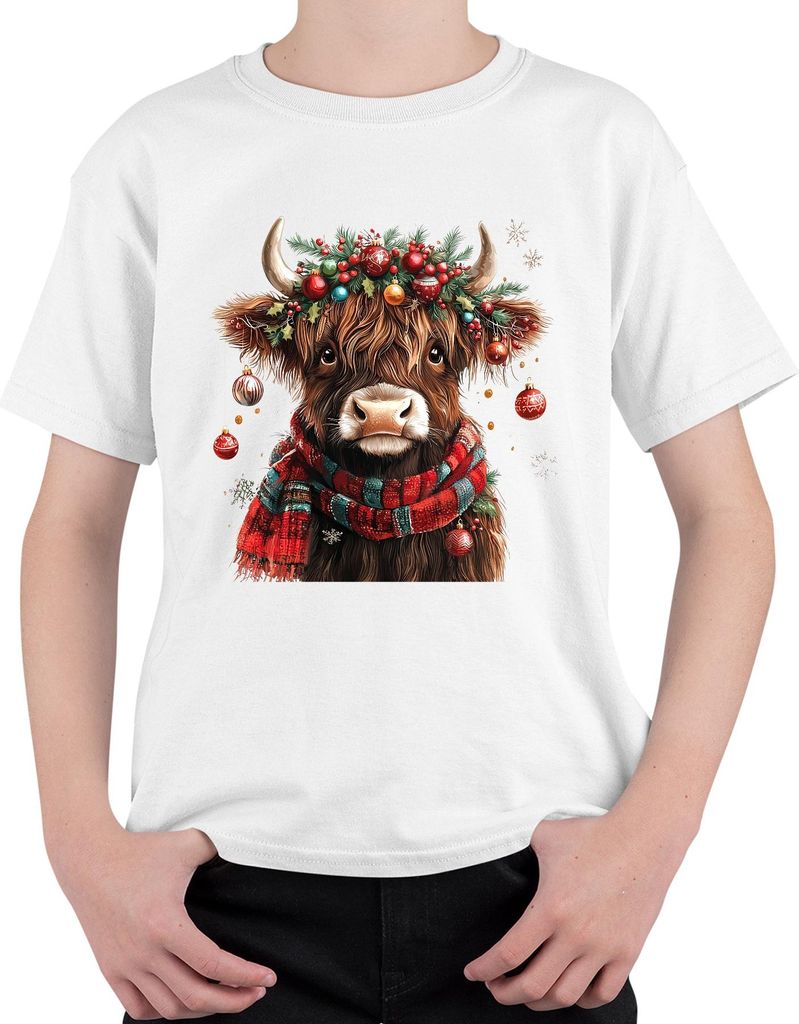 Schottische Hochlandkuh Weihnachten festlich Bauernhof Geschenk Uni Kinder T-Shirt, Weiß, 116