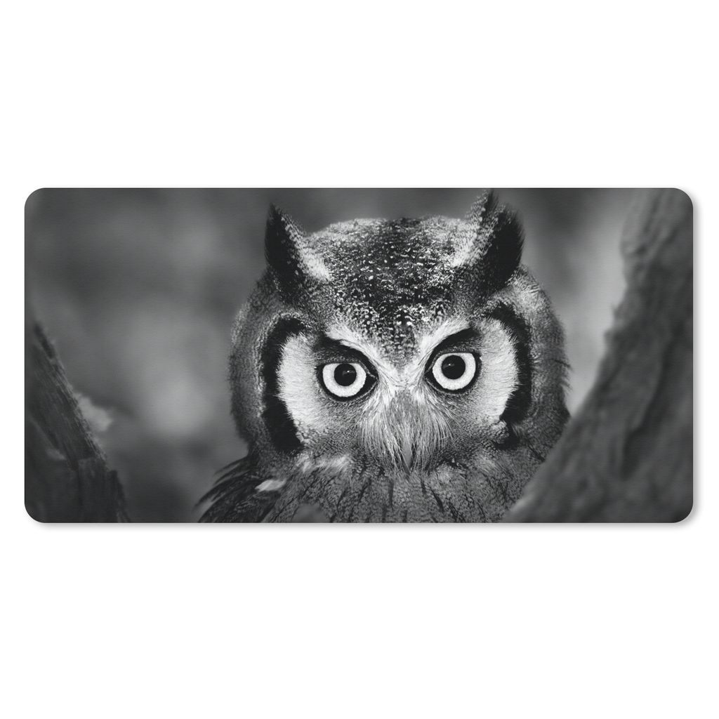 MuchoWow Mauspad Mousepad Vogel - Eule - Porträt - Schwarz - Weiß 60x30 cm - Mousepads - Maus Mat - Pad - Mausunterlage - Nachhaltig