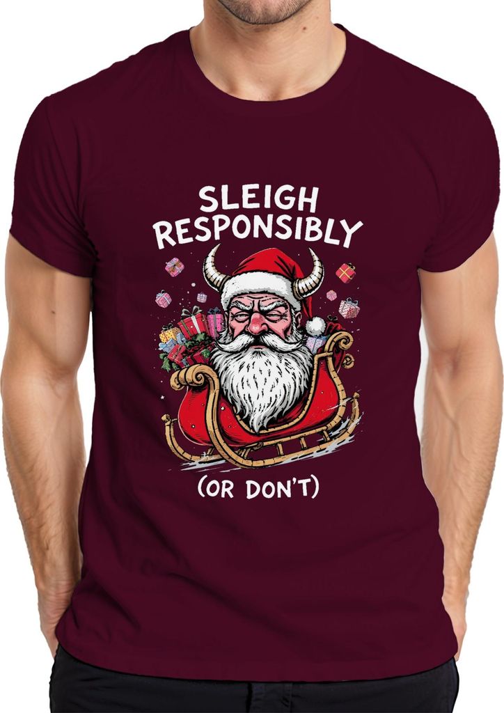 Sleigh Responsibly Or Don't Weihnachtsmann mit Hörnern Schlitten Herren T-Shirt, Burgundy, XL