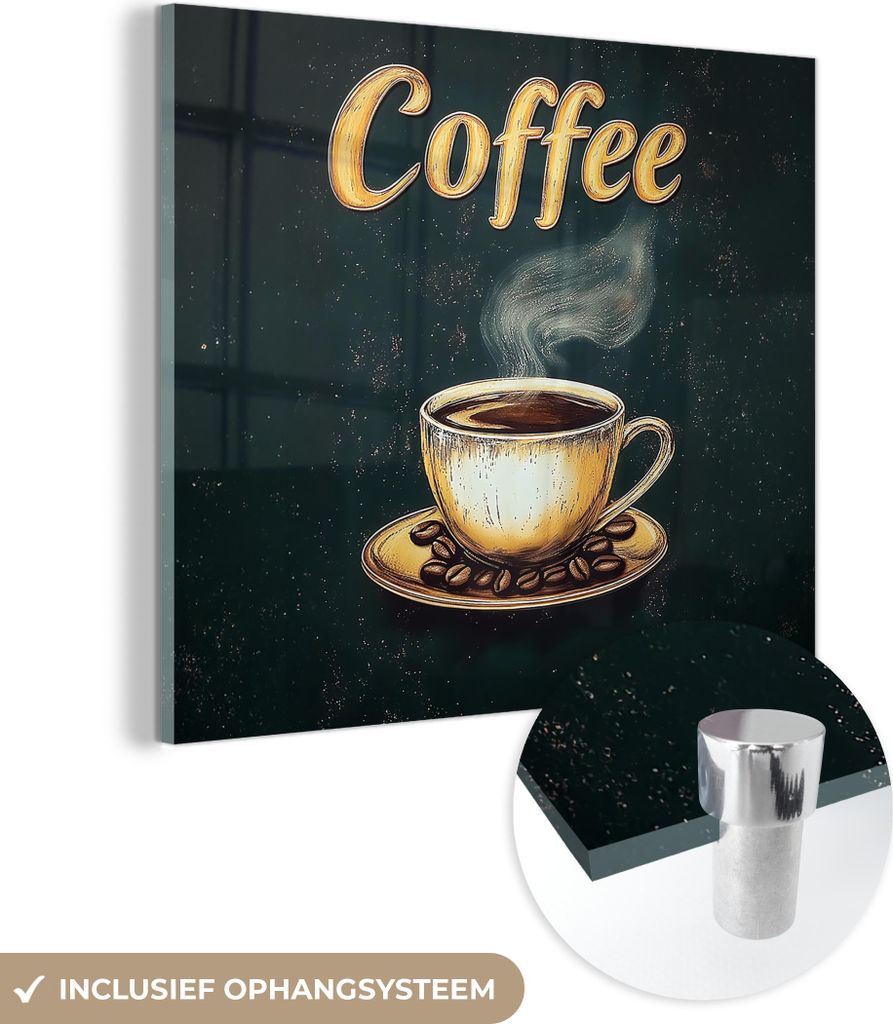 MuchoWow Glasbilder - Bilder auf Wandbild - Foto auf Glas Kaffee - Schale - Kaffeebohnen - Retro 40x40 cm Wanddekoration aus Glas - Acrylglasbild -...