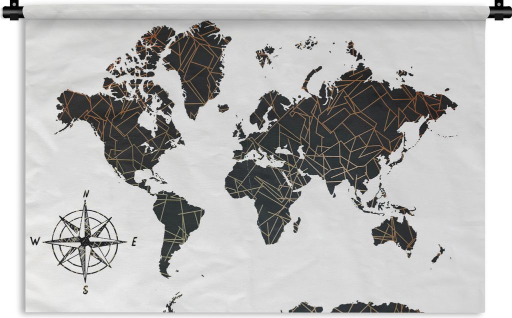 MuchoWow Wandteppich Wandbehang Weltkarte - Schwarz - Weiß - Kupfer 150x100 cm Tapisserie Dekoration Wandtuch - Waschbar - Tapisserien - Wand-Decke