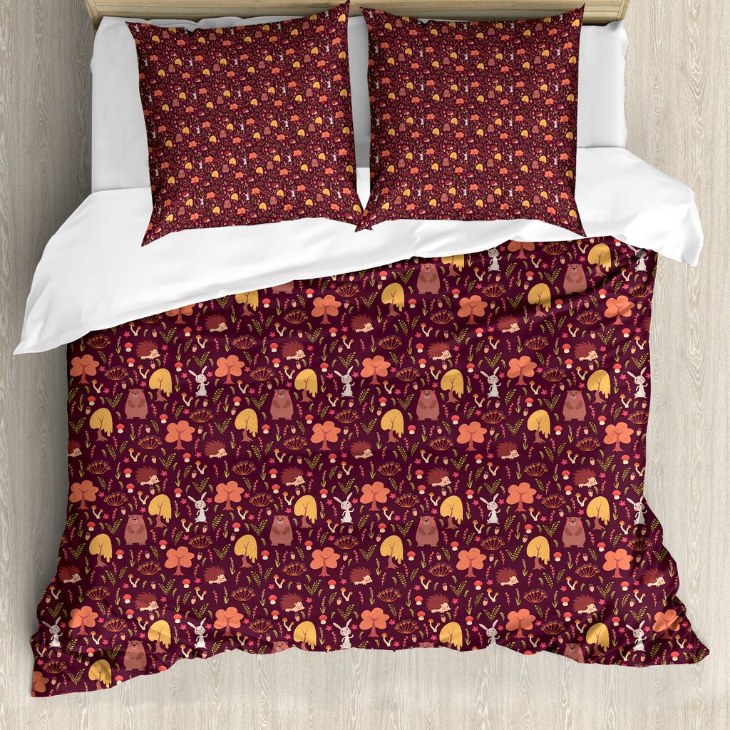 ABAKUHAUS Herbst Bettbezug Set für Einzelbetten, Bär Igel Kaninchen-Entwurf, Milbensicher Allergiker geeignet mit Kissenbezug, 155 cm x 220 cm - ...