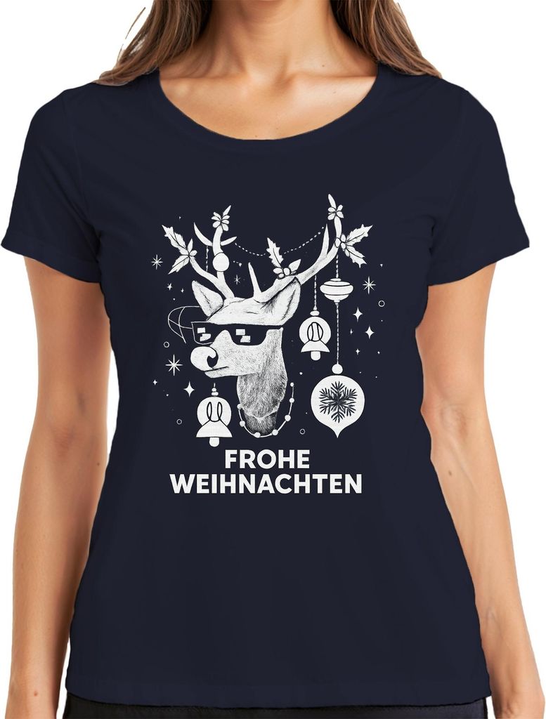 FROHE WEIHNACHTEN Rentier Sonnenbrille Hirsch Weihnachtskugeln Damen T-Shirt, Navy, XL
