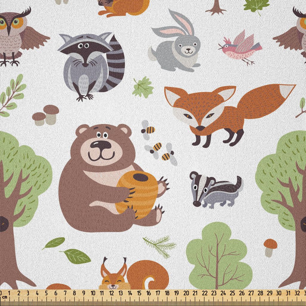 ABAKUHAUS Wald Microfaser Stoff als Meterware , Doodle Woodland Creatures als Honig Bär Rabbit Fox und Waschbär in Natur Lebensraum, 3 M (230 x 3...