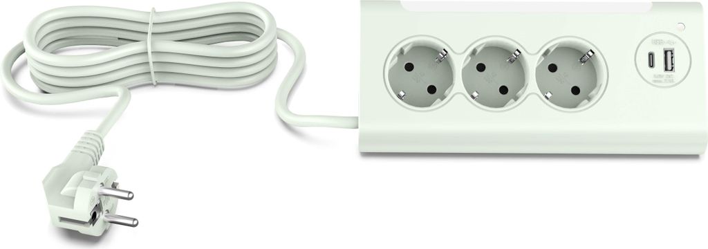 A white power strip with three European-style outlets and two USB ports, connected to a white power cord with a European plug.