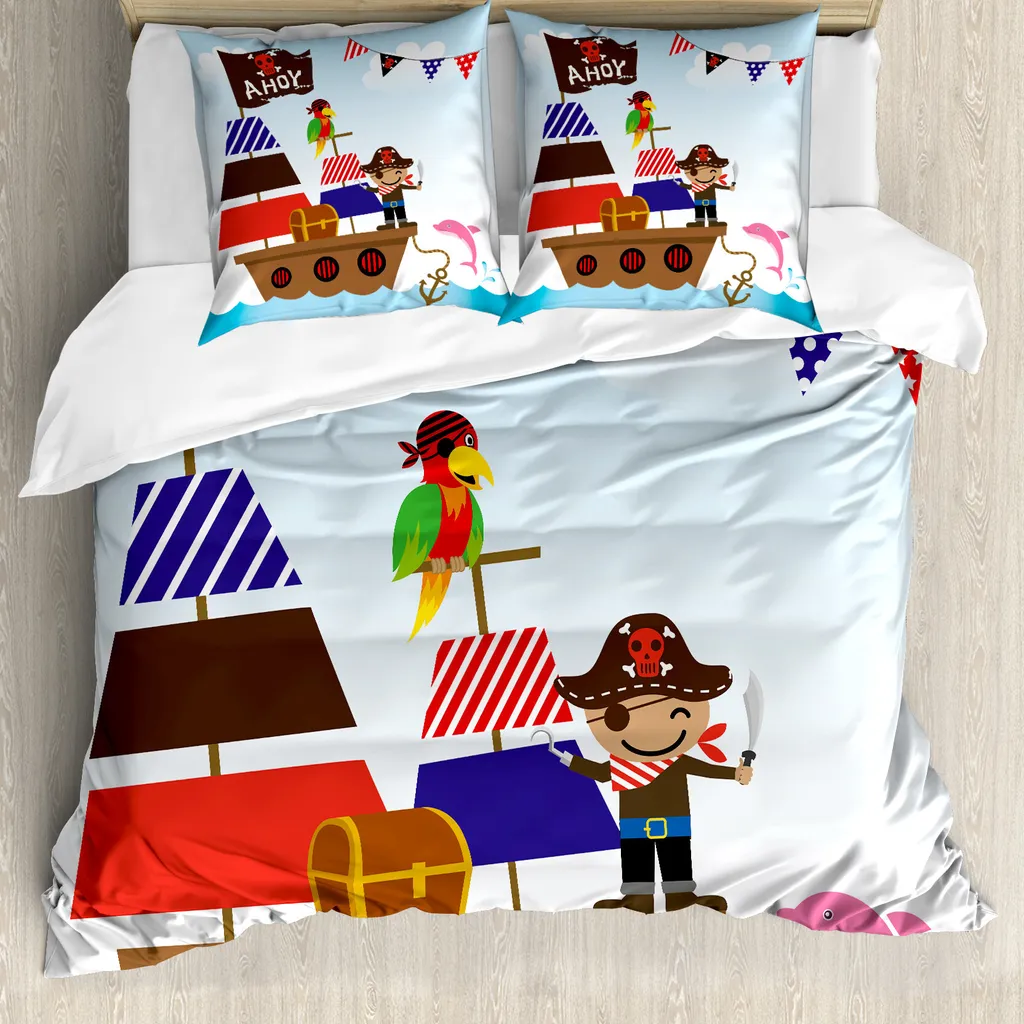 ABAKUHAUS AHOI Sein EIN Copripiumino per ragazzi, nave pirata oceano, antiacaro, adatto a chi soffre di allergie, con federe, 200 cm x 200 cm - 80 x 80 cm, multicolore
