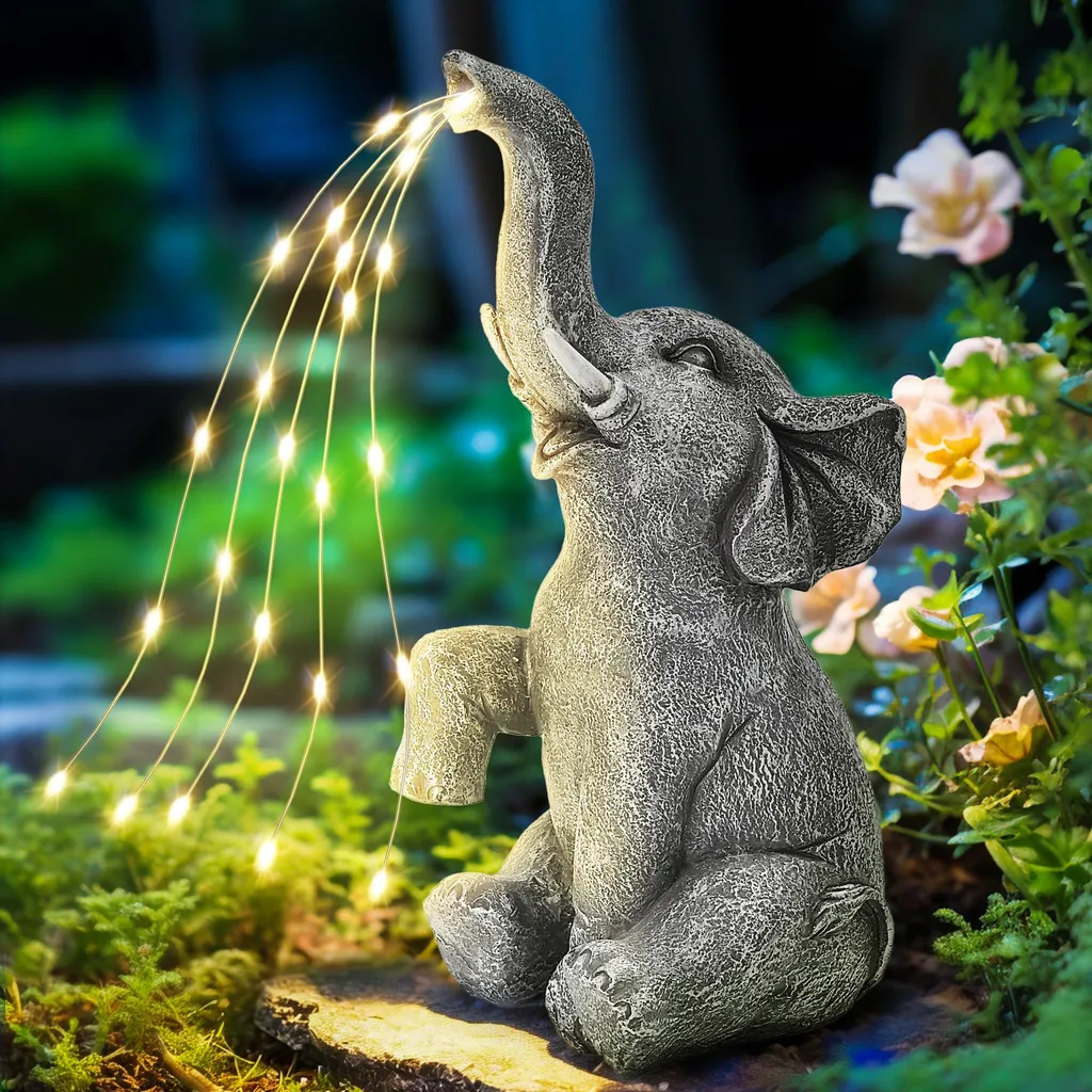 Statue de Jardin Éléphant Solaire en Résine pour Déco Extérieure Zen