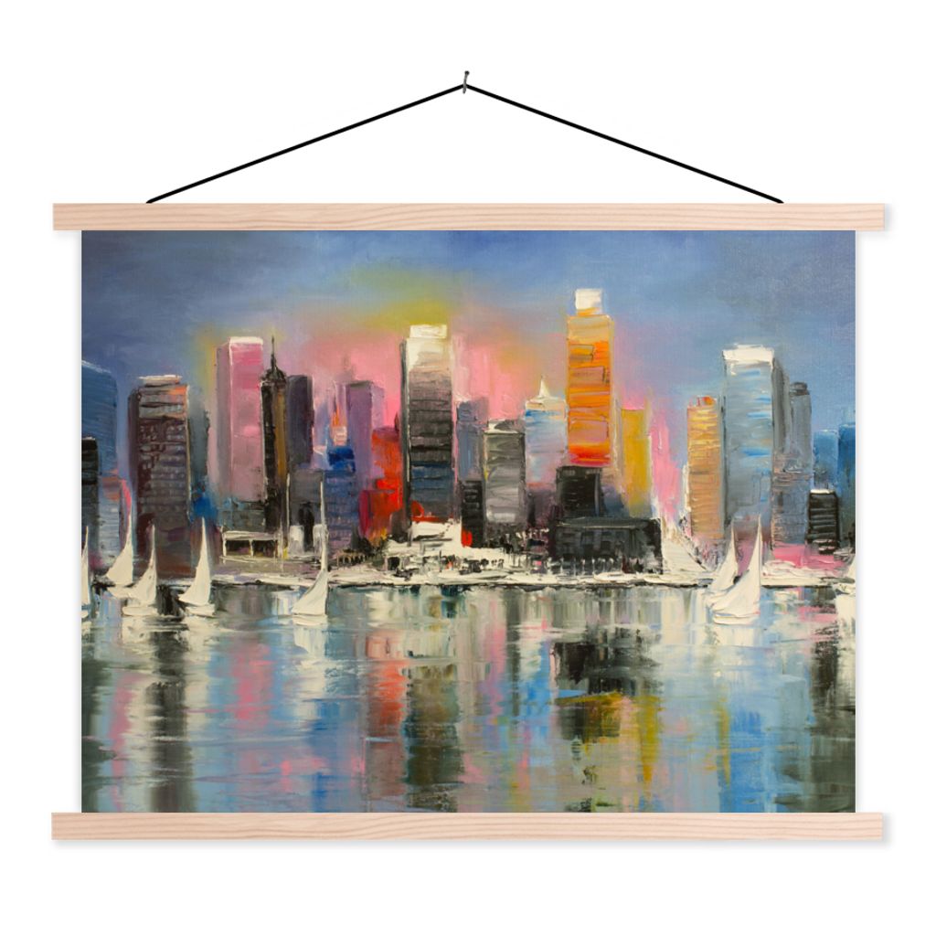 MuchoWow Textilposter Gemälde - Öl - Skyline - Wasser 60x45 cm mit holzfarbenen Rahmen - Bild