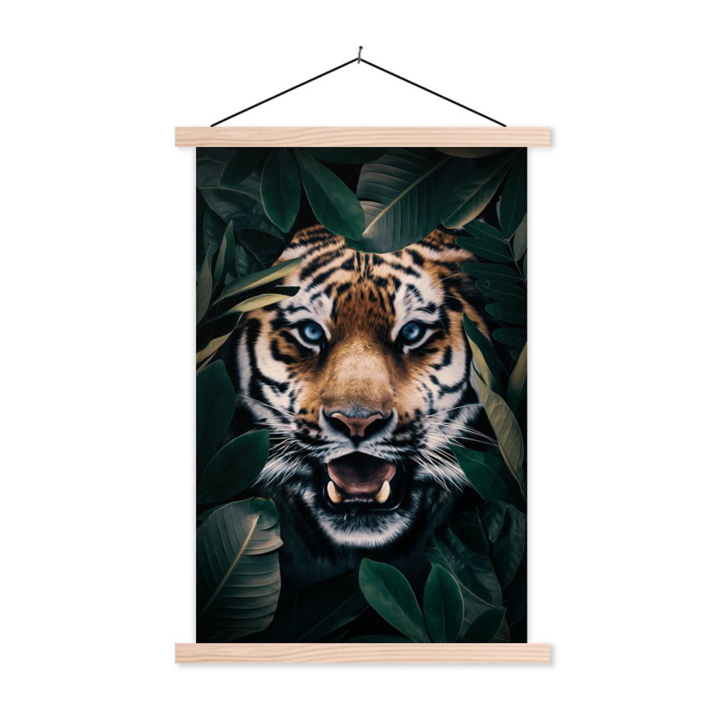 MuchoWow Textilposter Tiger - Bäume - Blau 40x60 cm mit holzfarbenen Rahmen - Poster