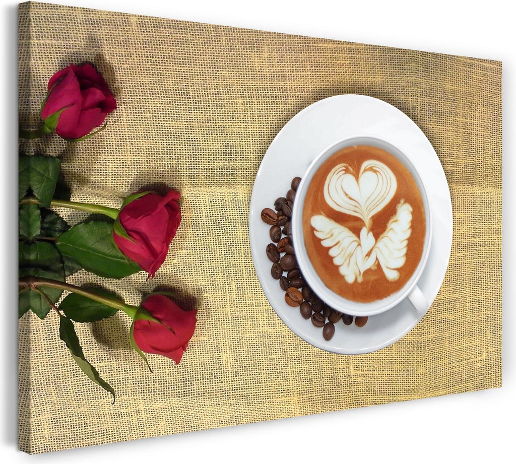 Leinwandbild (100x70cm): Wandbild Küchendeko Latte Art Cappuccino Kaffeebohnen Rosen, echter Holz-Keilrahmen inkl. Aufhänger, handgefertigt in De...