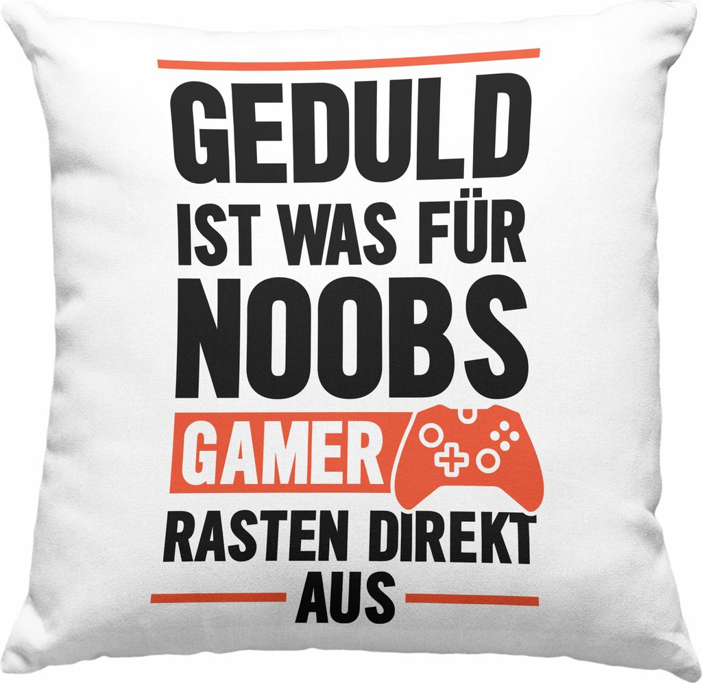 Trendation - Gamer Spruch Deko-Kissen mit Füllung 40x40 Controller Geschenk - Geduld Ist Was Für Noobs - Zocker Deko-Kissen mit Füllung 40x40n G...