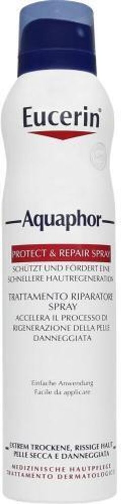A product shot of a Eucerin Aquaphor Protect & Repair Spray bottle.