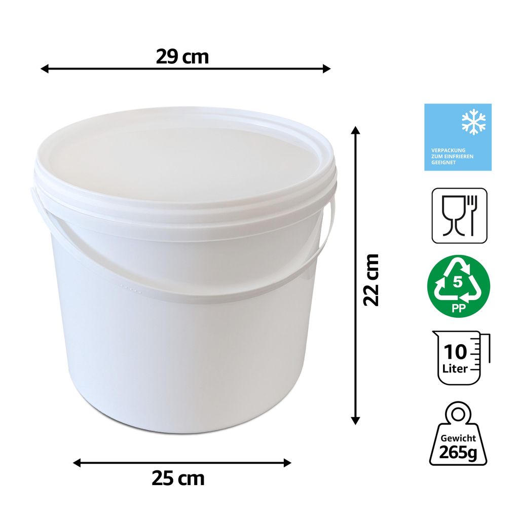 plasteo® 10x 10 Liter Eimer mit Deckel Lebensmittelecht