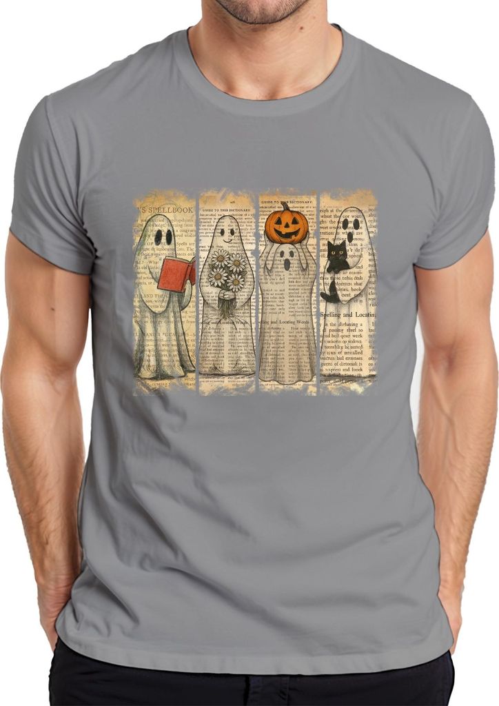Halloween Geister Vintage Zeitung niedliche Kürbis Katze Blumen Herren T-Shirt, Grau, M