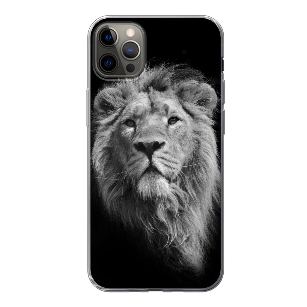 MuchoWow Handyhülle Schutzhülle Hülle für iPhone 13 Pro Max Löwe - Porträt - Schwarz - Weiß Silikon Softcase Handy Hülle - Mobiltelefon