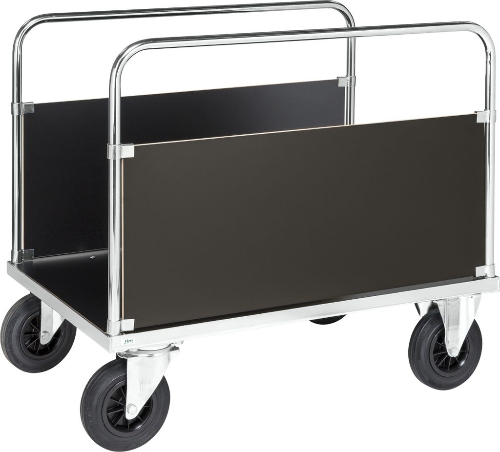 Kongamek Plattformwagen, verzinkt 1200x800x900mm mit Ladefläche und 2 stirnseitigen Wänden aus MDF mit Gummibereifung und Bremse