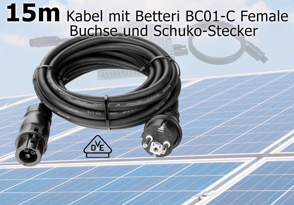 15m Kabel mit Betteri BC01 + Schuko Stecker