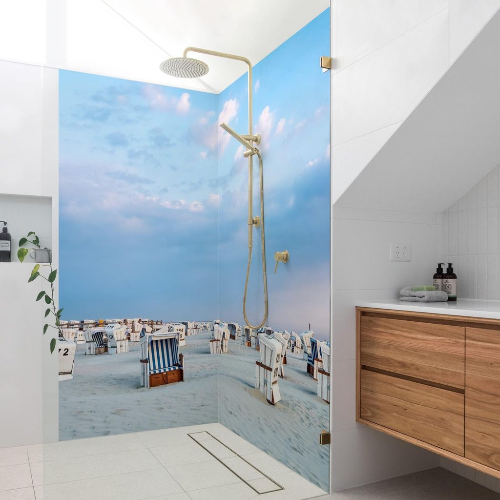 Duschrückwand Strand selbstklebend - 0.35 mm Wandpaneel wasserfest Düne blau Maritim Badrückwand fugenlos Smart matt 80x190 cm