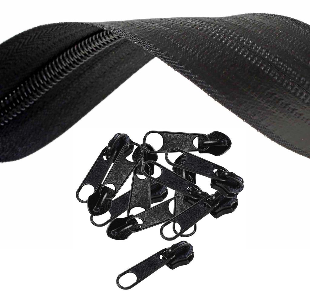 5m Outdoor Endlos-Reißverschluss wasserfest 8mm Spiral mit 10 Zippern, schwarz