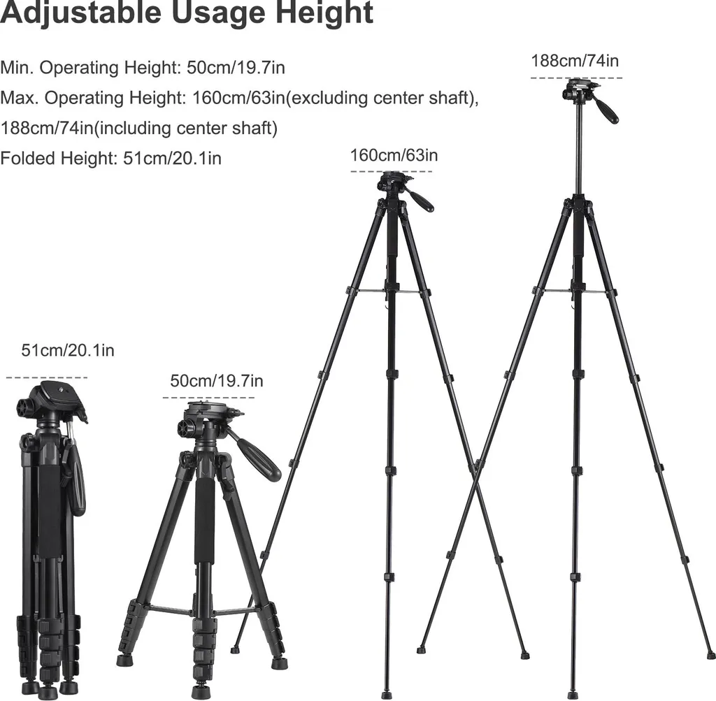 Trépied Appareil Photo Reflex et Smartphone 188cm Support Universel