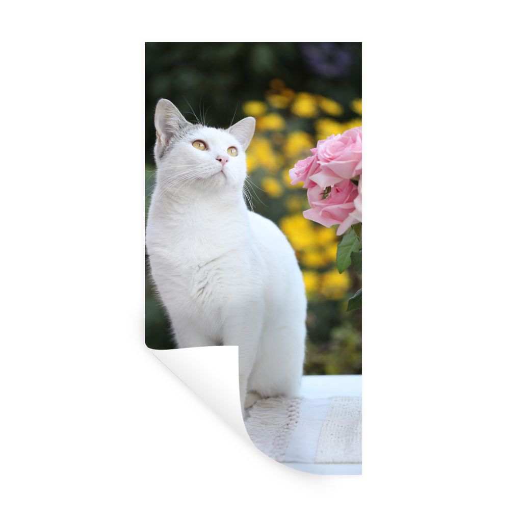 MuchoWow Wandtattoo Wandsticker Wandaufkleber Katze - Rosen - Blumenstrauß 80x160 cm Selbstklebend und Repositionierbar - Sticker - Dekorfolie