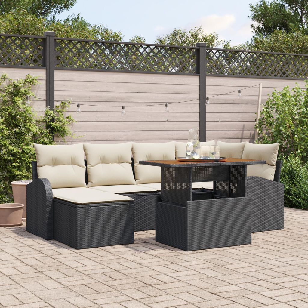 Möbel 7-teiliges Garten Sofa Set mit Kissen Schwarz Poly Rattan - Gartensofas 3358343