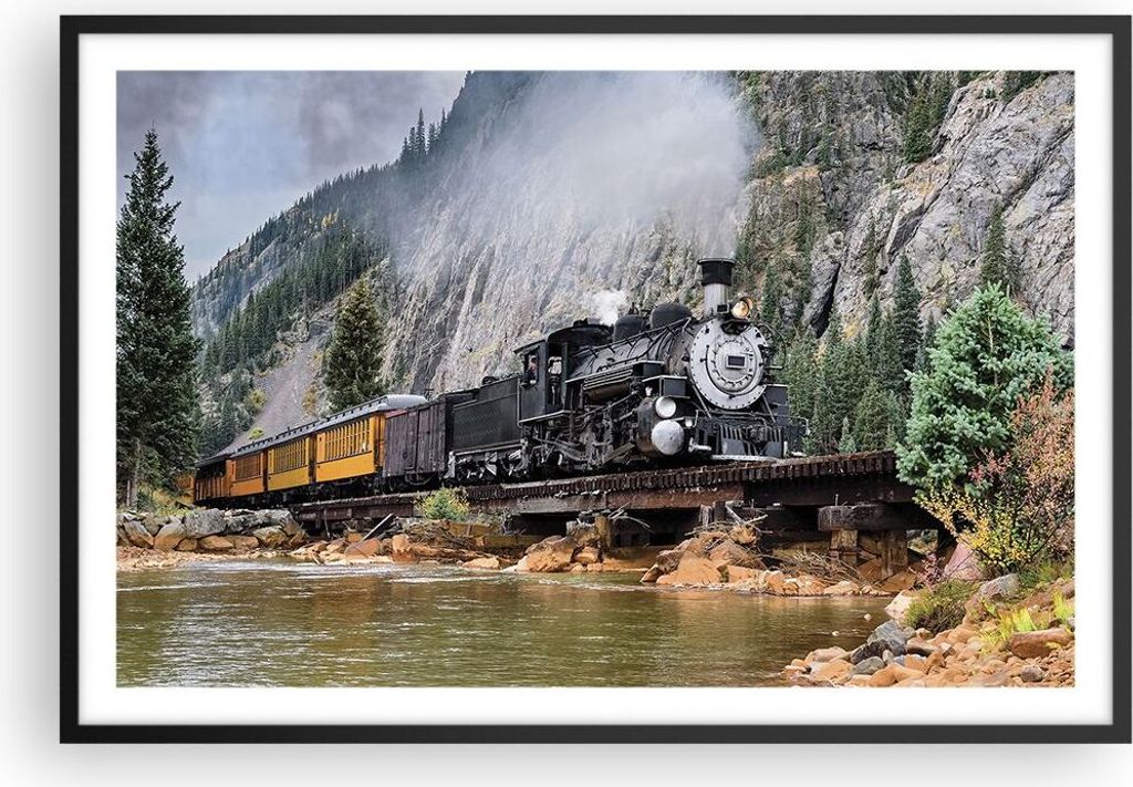 Gerahmtes Poster - Schwarzer Rahmen - Alt Lokomotive Berge - 91,5x61 cm - Wand Bild - Wanddeko - Wandbilder - Kunstposter - Wandposter - Bilderrahm...