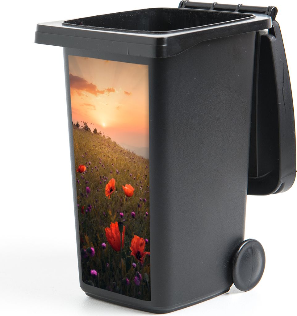 MuchoWow Mülltonnenaufkleber Blumenfeld - Gras - Pflanzen - Sonnenuntergang - Orange 44x98 cm - Containeraufkleber - Aufkleber - Mülltonnen-Auf...