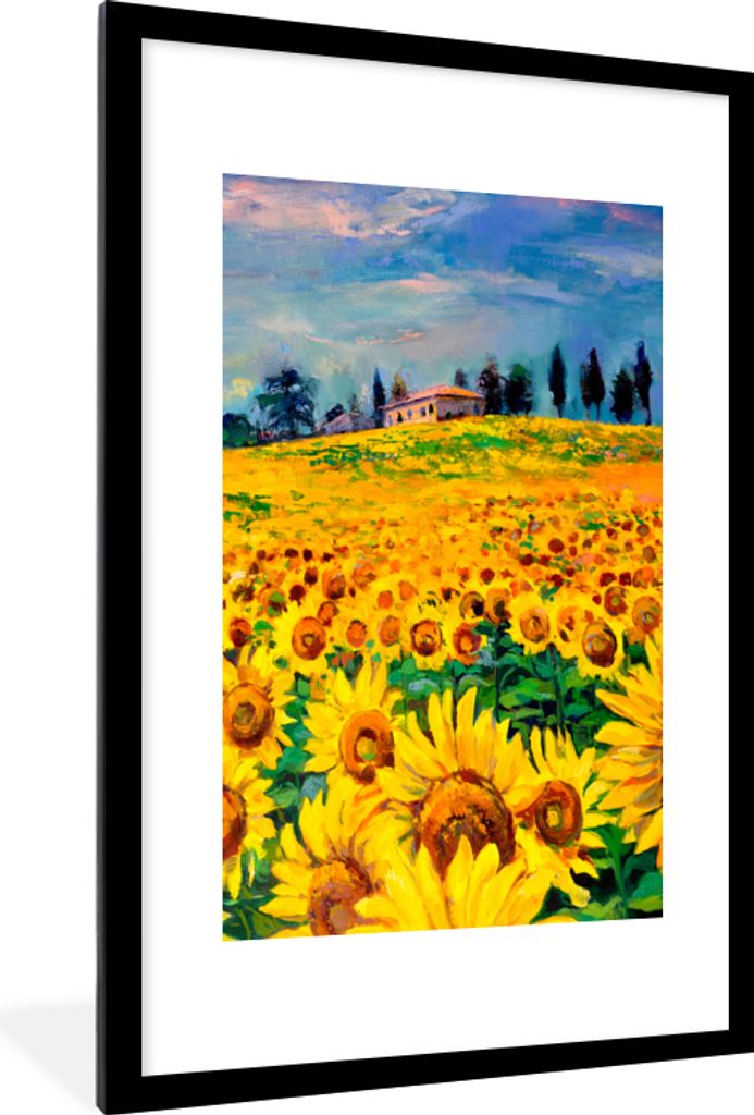 MuchoWow Gerahmtes Poster Ölfarbe - Gemälde - Blumen - Sonnenblume 60x90 cm - Poster mit Schwarzem Bilderrahmen Wandposter Rahmen Foto Bilder -...