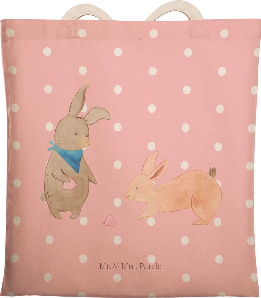 Mr. & Mrs. Panda Tote Bag Hasen Muschel - Rot Pastell - Geschenk, Beutel, Strand, Stofftragetasche, Freundinnen, Meer, Tragetasche, Ferien, Familie...