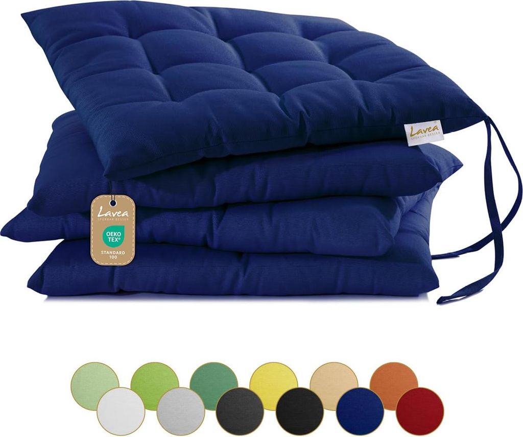 Lavea Sitzkissen 40x40 cm, 4er Set, Navy Blau - mit Stoffbändern, Outdoor & Indoor, waschbare Stuhlkissen für Garten, Balkon, Terrasse & Esszimmer