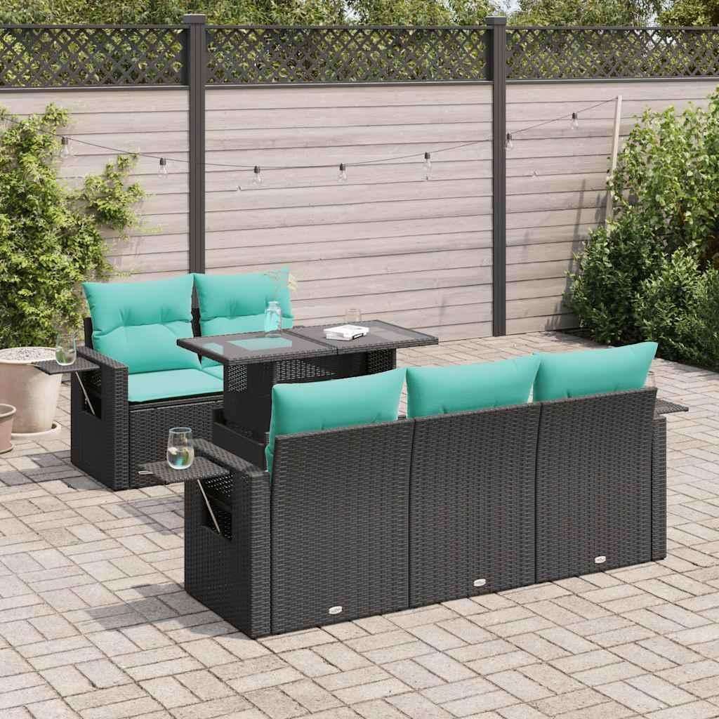 "Schlussverkauf" 6-tlg. Garten-Sofagarnitur UV-beständig - Loungegruppe mit Kissen - Schwarz Poly Rattan Akazie C12002