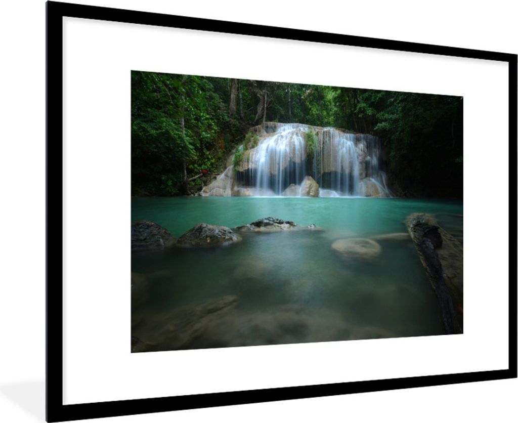 MuchoWow Gerahmtes Poster Ein Wasserfall im Erawan-Nationalpark, Thailand 90x60 cm - Poster mit Schwarzem Bilderrahmen Wandposter Rahmen Foto Bil...
