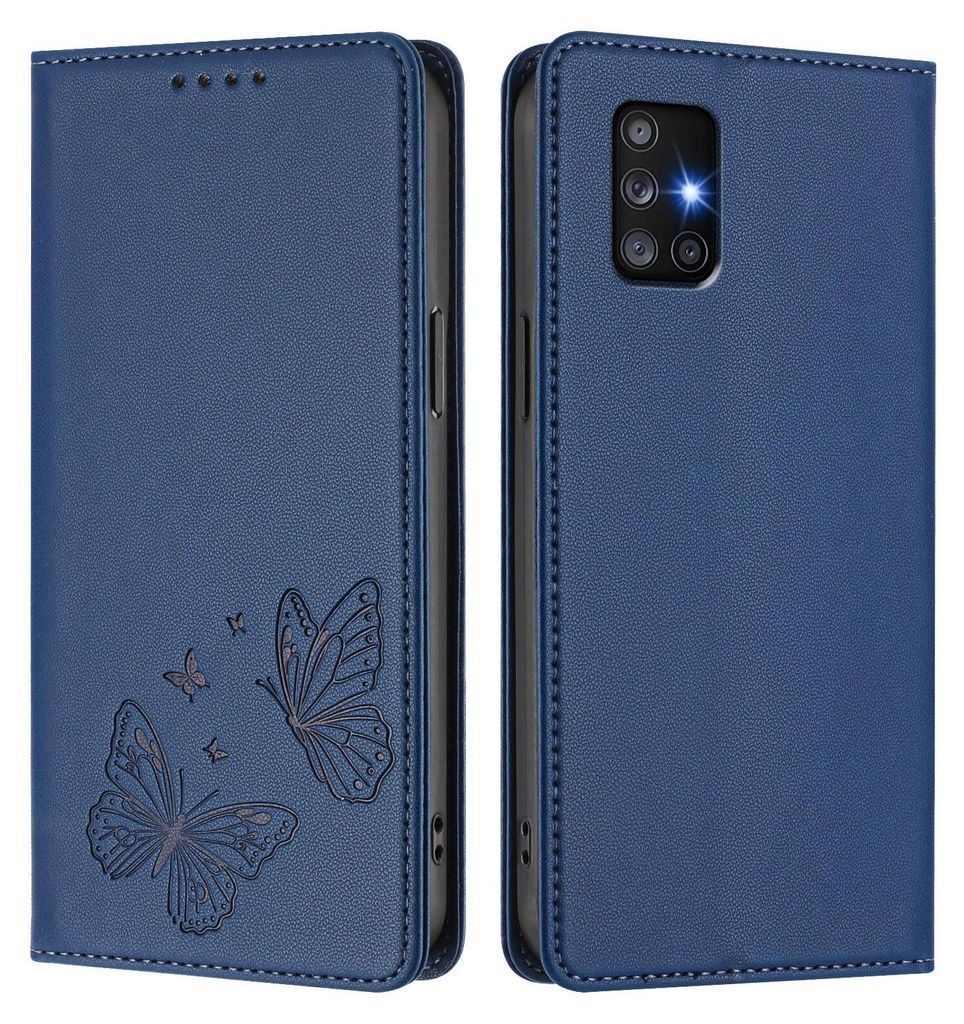 Lederhülle für Samsung Galaxy A71 5G, Schmetterling Prägung Leder Brieftasche Schutzhülle mit Ständer Dunkelblau