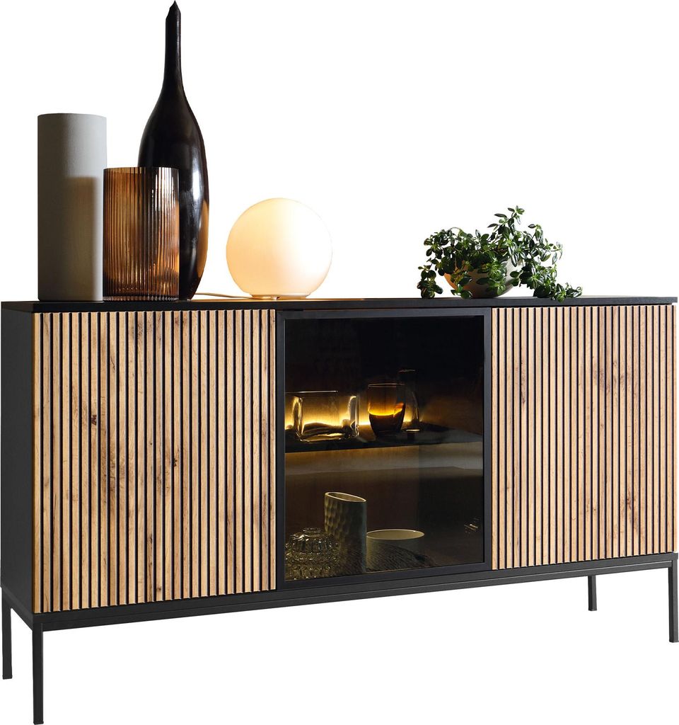 MIRJAN24 Kommode Sento K154, Kommode mit 3-Drehtüren, LED-Beleuchtung, Schwarze Untergestell aus Metall (Farbe: Schwarz Graphit / Wotan Eiche)