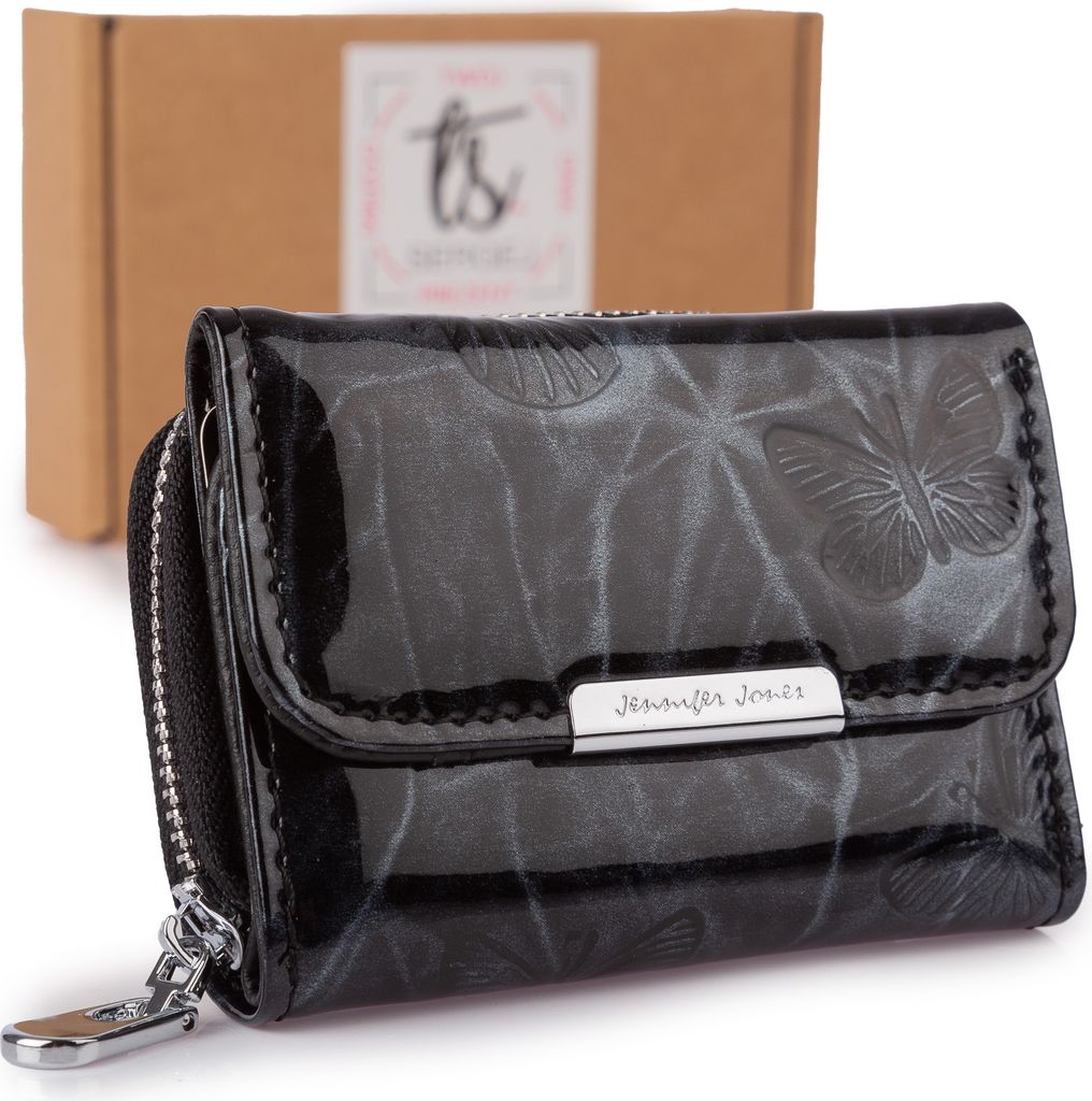 Jennifer Jones Damen-Portemonnaie echtes Leder Schmetterlingsprägung kompakt mit reißverschluss Münzfach Geschenkbox Schwarz