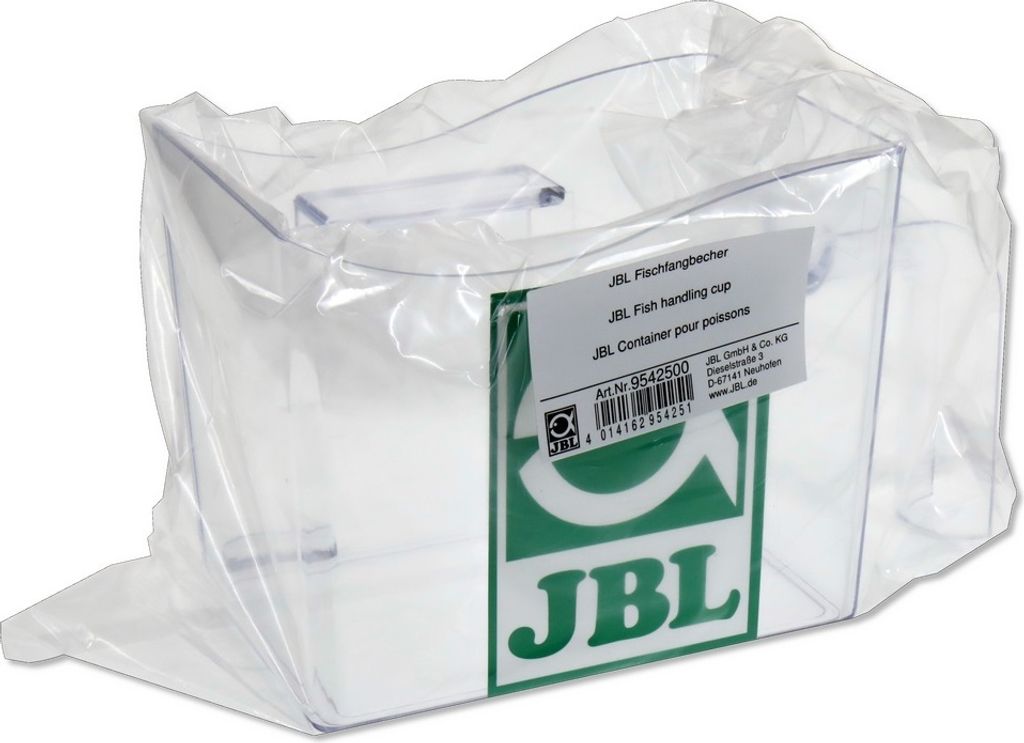 A clear plastic fish handling cup with a label and branding.