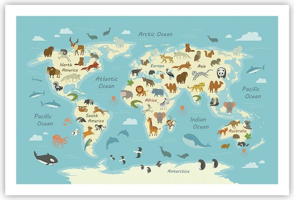 Poster - Poster ohne Rahmen - Tiere die Welt Karte - Produktbild 
