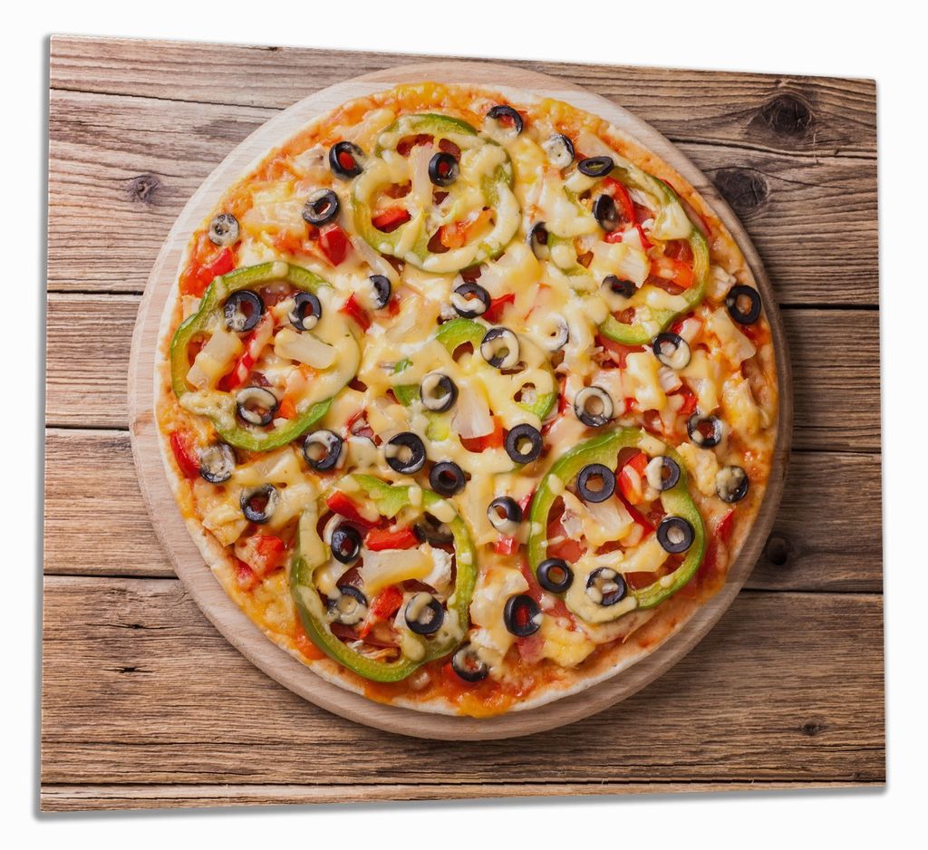 Wallario Herdabdeckplatte aus Glas, Größe 60 x 52 cm 1-teilig, Motiv Italienische Pizza mit Peperoni, Oliven. Paprika und Käse