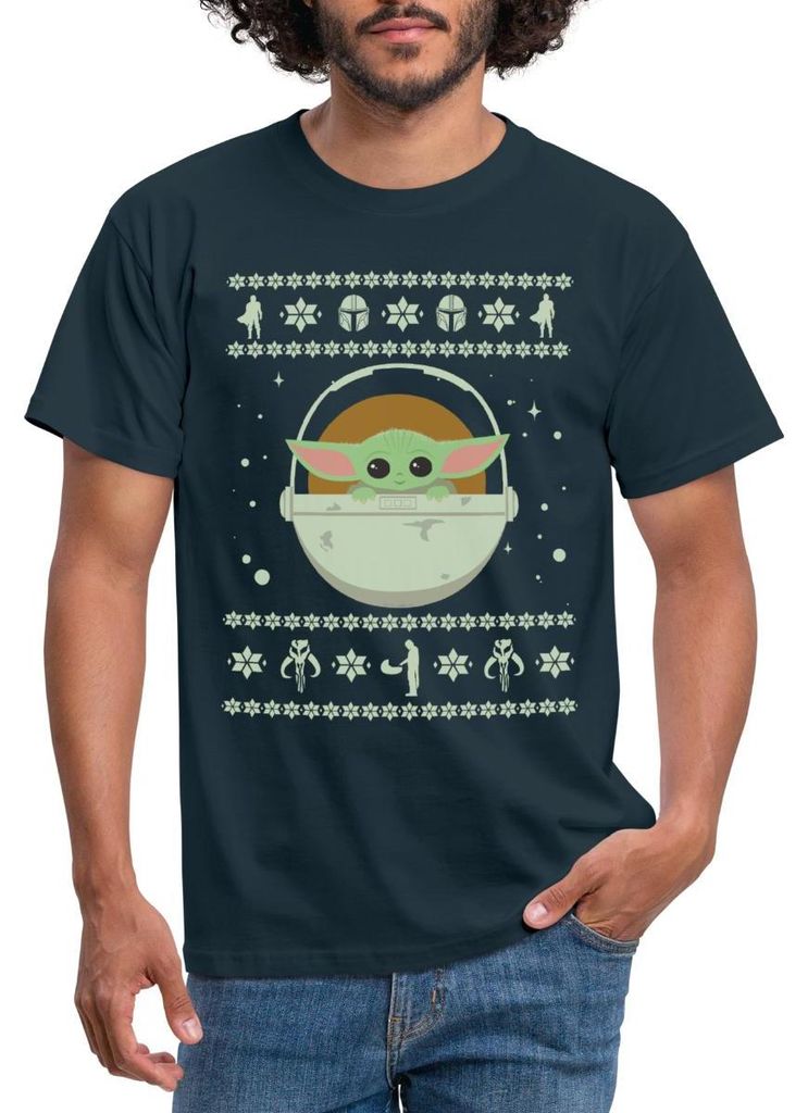 Star Wars: Mandalorian Baby Yoda Weihnachten Männer T-Shirt, XXL, Navy